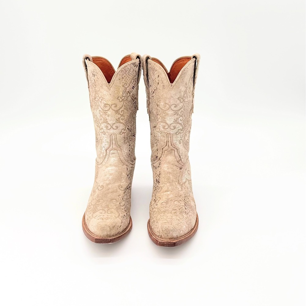Lucchese 1883 Stone Suede Metallic Python Cowgirl Boots Snip Toe Womens 7B - Picture 3 of 9